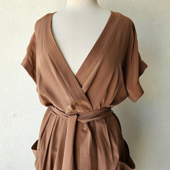 Maeve Anthropologie 100% Silk Warm Brown Faux Mock Wrap Dress Size 14 - Picture 2 of 11